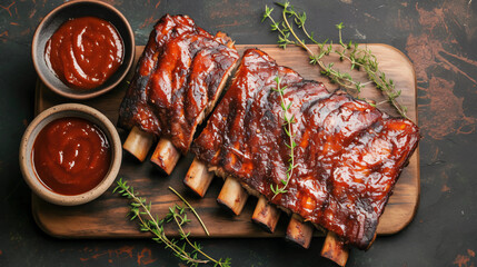 Grilled ribs on a wooden plate, barbecue sauce and herbs, rustic food styling