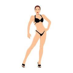 Female bikini athlete strikes a confident pose in black high heels and a stylish bikini. Flat vector illustration isolated on white background