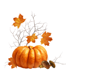 Ripe pumpkin, mushrooms and autumn orange maple leaves in a corner arrangement isolated on white or transparent background
