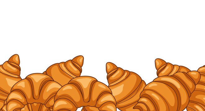 Crispy croissants on transparent background, vector illustration with bottom frame – perfect for decorating menus, bakeries, and coffee shops