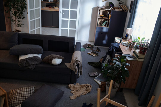 Living room scene showing scattered books, pillows, and clothing on floor near sofa and window, sunlight illuminating untidy space with plants and wooden furniture, no people visible