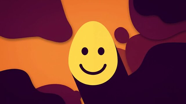 Yellow egg-shaped smiley face on orange and purple abstract paper cut background