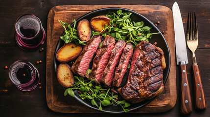 Overhead shot of steak served with greens and roasted potatoes, high contrast lighting