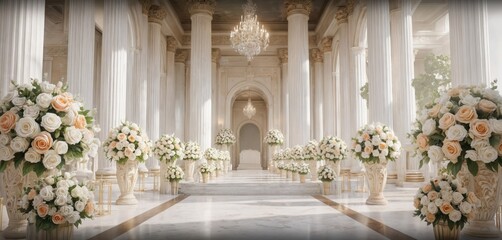 Elegant wedding venue interior with ornate columns, floral arrangements, crystal chandeliers. Opulent palace hall features marble floors, classic architectural details, perfect for luxurious