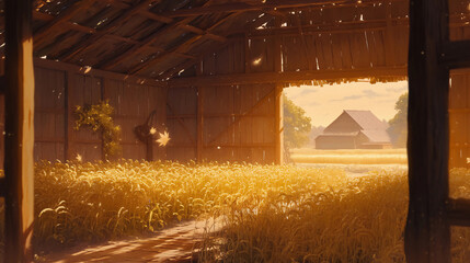Rustic barn surrounded by autumn crops, golden light filtering through wooden beams