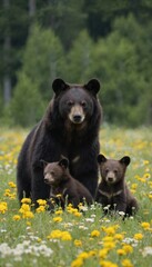Fototapeta premium Mother bear with two cubs stand in meadow full of yellow and white flowers. Brown bears in natural habitat, forest background. Adorable wild animals, summer wildlife scene, furry mammals.