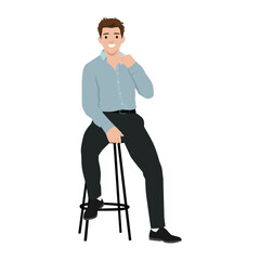 Man in a shirt and dark pants sits confidently on a stool, exuding a relaxed and approachable vibe. Flat vector illustration isolated on white background