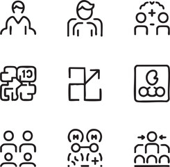 Fototapeta premium Teamwork and collaboration vector icon set hand drawn style team,leadership,communication,cooperation,strategy,brainstorming,solution,negotiation,group,organization,people,meeting icon set