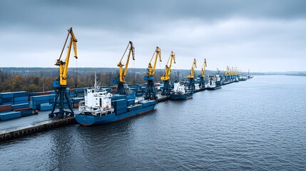 Cargo ships and cranes line a waterfront under an overcast sky.