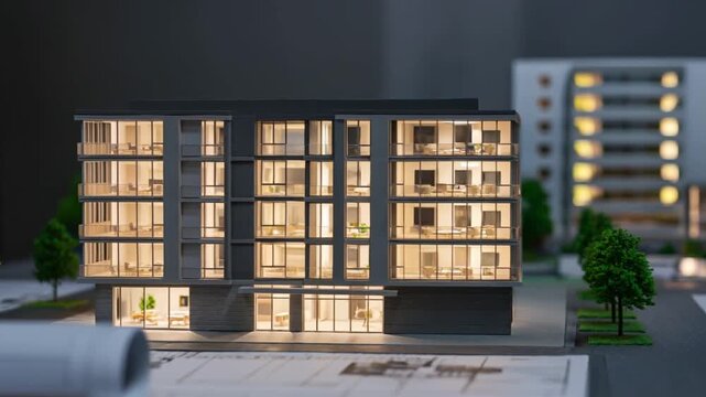 An illuminated architectural model of a modern multi-story apartment building sits on a blueprint, showcasing its design with interior lights on.