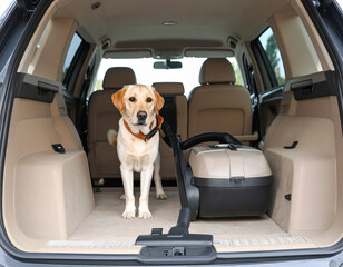 Young Labrador standing in the back of a new vehicle next to a vacuum cleaner
