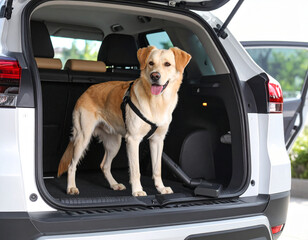 Young happy dog in a harness next to a vacuum cleaner in the back of a modern vehicle