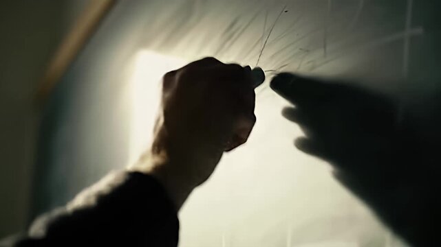 Hand erasing a chalkboard with an eraser, silhouetted in classroom lighting