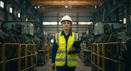 Confident Female Engineer in Safety Gear Overseeing Operations at a Modern Industrial Factory
