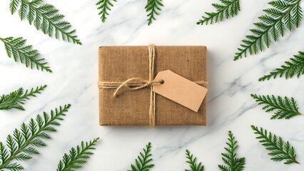 Eco friendly gift box with blank label and green leaves on white marble background