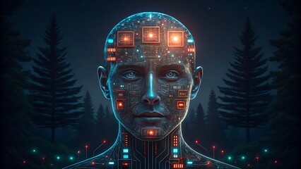 Futuristic human face with glowing circuits and lights on dark digital forest background