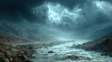 Dramatic stormy sky looms over turbulent river flowing through a rugged mountain valley during monsoon season