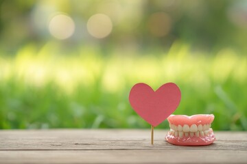 A set of dentures and a red heart stand on a wood surface against a bokeh background