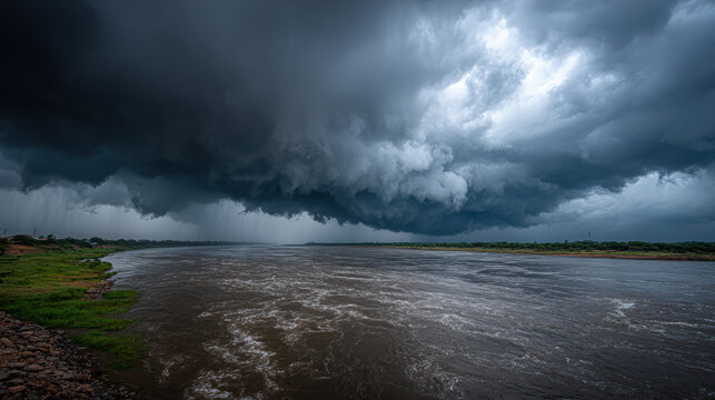 Stormy clouds loom over wide river, creating dramatic and intense atmosphere - Powered by Adobe