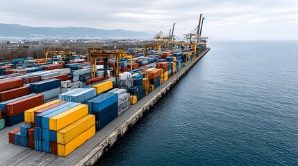 Containers stacked at a port with cranes and ocean under a cloudy sky.