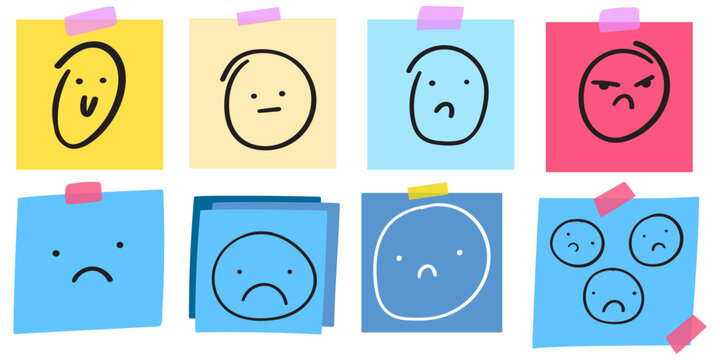 Collection of happy and sad faces on colorful paper notes. Flat design. Vector illustrations on white background.