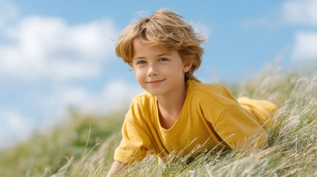A joyful child lying in grass under a blue sky, radiating happiness and carefree spirit.