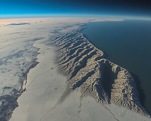 An aerial view of a snow covered coastline and mountains