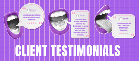 Client testimonials banner. Collage post with halftone mouths with speech bubbles. Review of reviews, social review, customer experience, rating satisfaction