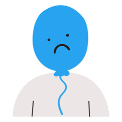 Man with sad balloon instead of face. Hand drawn vector illustration in white background.