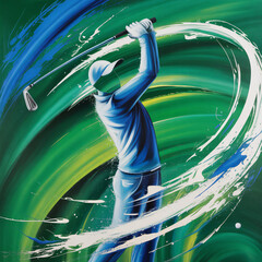 Abstract expressionist golf swing. Bold emerald, blue, white brushstrokes. Blurred golfer's arm, club. Captures dynamic motion and powerful energy.