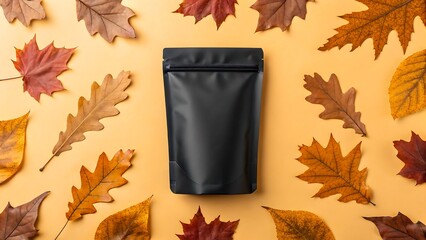 Black packaging pouch surrounded by autumn leaves on orange seasonal background


