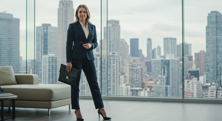 Confident Businesswoman in a Modern High-Rise Office with City View