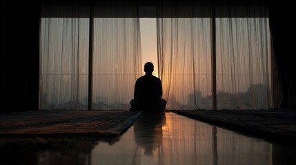 Silhouette of person meditating by window at sunrise