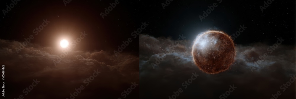 Poster brown dwarf star in space with interstellar clouds and substellar atmosphere