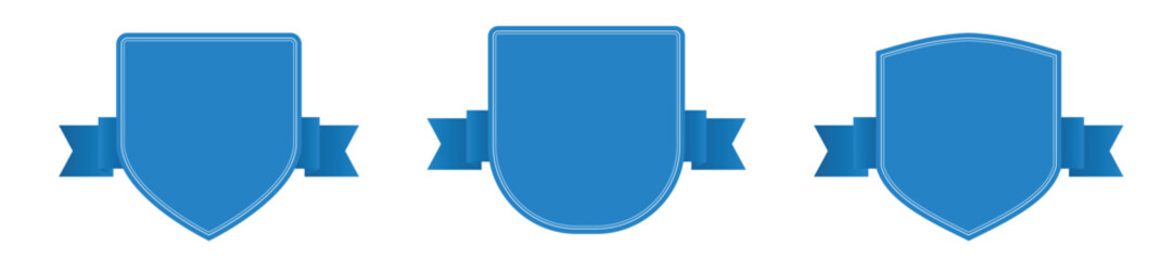 Blue shield badge vector set with ribbon and copy space