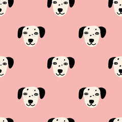 Fototapeta premium Dalmatian face. Cute dog. Seamless pattern. Hand drawn vector design. Pink background.