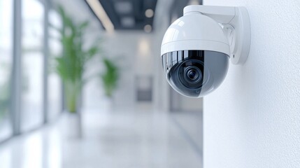 A minimalist design of a security camera mounted discreetly in a modern home interior