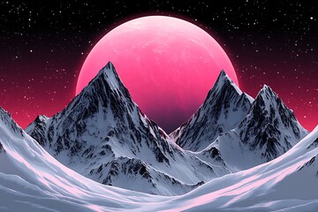 Majestic mountain peaks and pink celestial sphere in starry sky