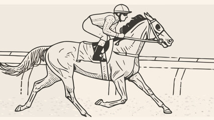 Illustration of a horse race with a jockey in action on a track with a fence in the background silhouette