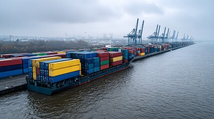 Cargo containers stacked on a barge near cranes in a harbor under cloudy sky.