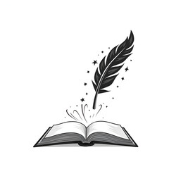 book with feather clip art/ quill and open book vector silhouette/ open book and quill pen icon with white background 