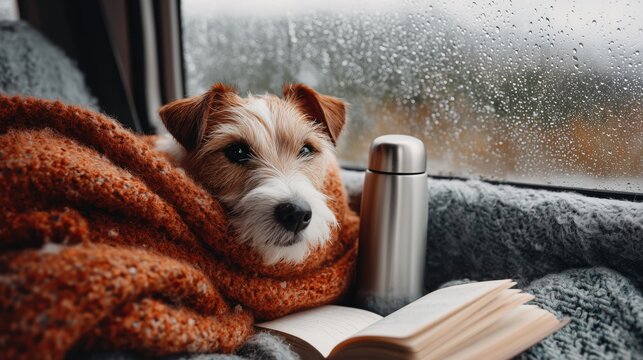 Cozy dog wrapped in a blanket inside a car on a rainy day, next to an open book and a thermos by the window with raindrops.