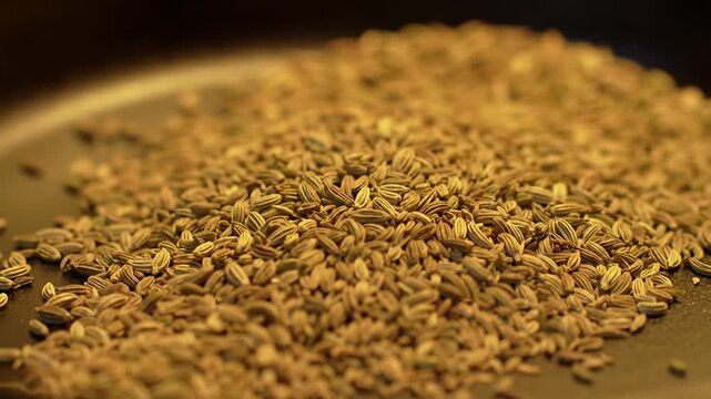 Close-up of a pile of small, brown, striated seeds on a dark surface