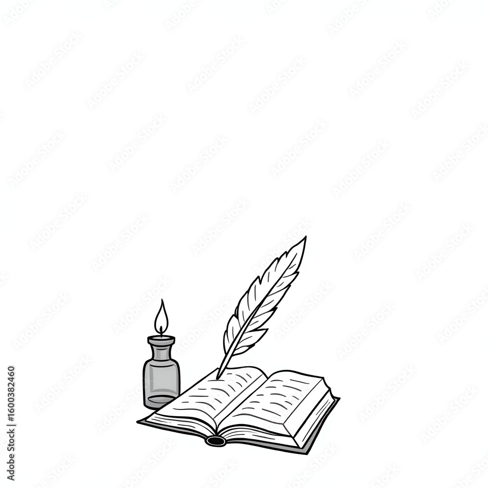 Poster old book with feather pen and candle vector line art on copy space white background/ open book and f