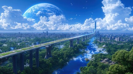 Futuristic Cityscape: Elevated Highway and Celestial Body