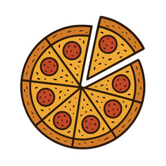 Minimalist pizza with a separated slice linear icon.eps
