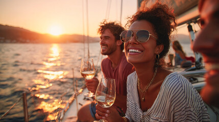 Happy multiracial people having fun drinking champagne at boat party during sunset time - Summer, vacation and friendship concept - Models by AI generative