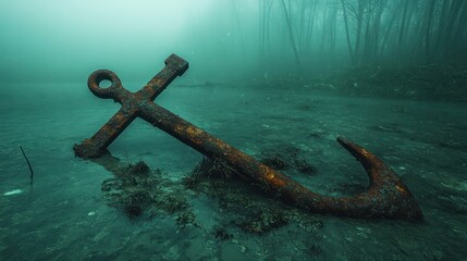 Enigmatic Rusty Anchor in a Misty Forest Lake