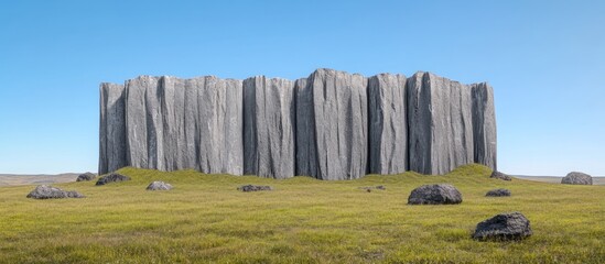 Monolithic Stone Formation in a Vast Meadow under a Clear Sky