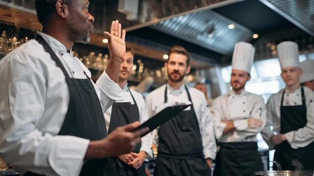 Kitchen Team Huddle: A seasoned head chef addresses a team of eager culinary professionals in a dynamic kitchen environment, fostering collaboration and preparation.